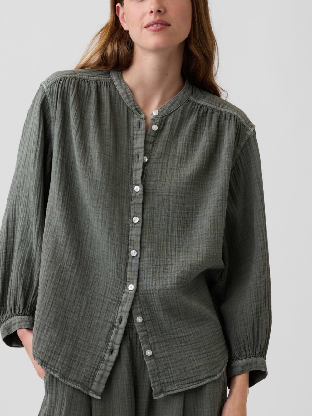 GAP Olive Green Band-Collar Button Front Blouse